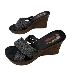 Bongo y2k Vintage wedge sandal cork black straw straps women's 8.5